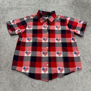 Vintage 90s Just Class Button Down Shirt Womens XL Plaid American Flag Heart Top